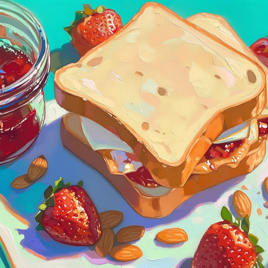 Peanut Butter and Jam Sandwich Art | Colorful Food Painting | Kitchen Wall Decor with Strawberries and Almonds