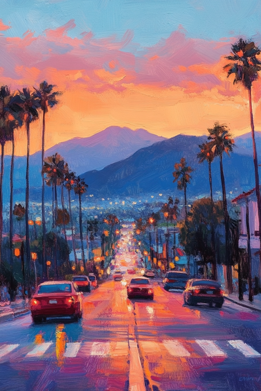 Sunset Boulevard Glow – Los Angeles Evening Oil Painting for Modern Decor