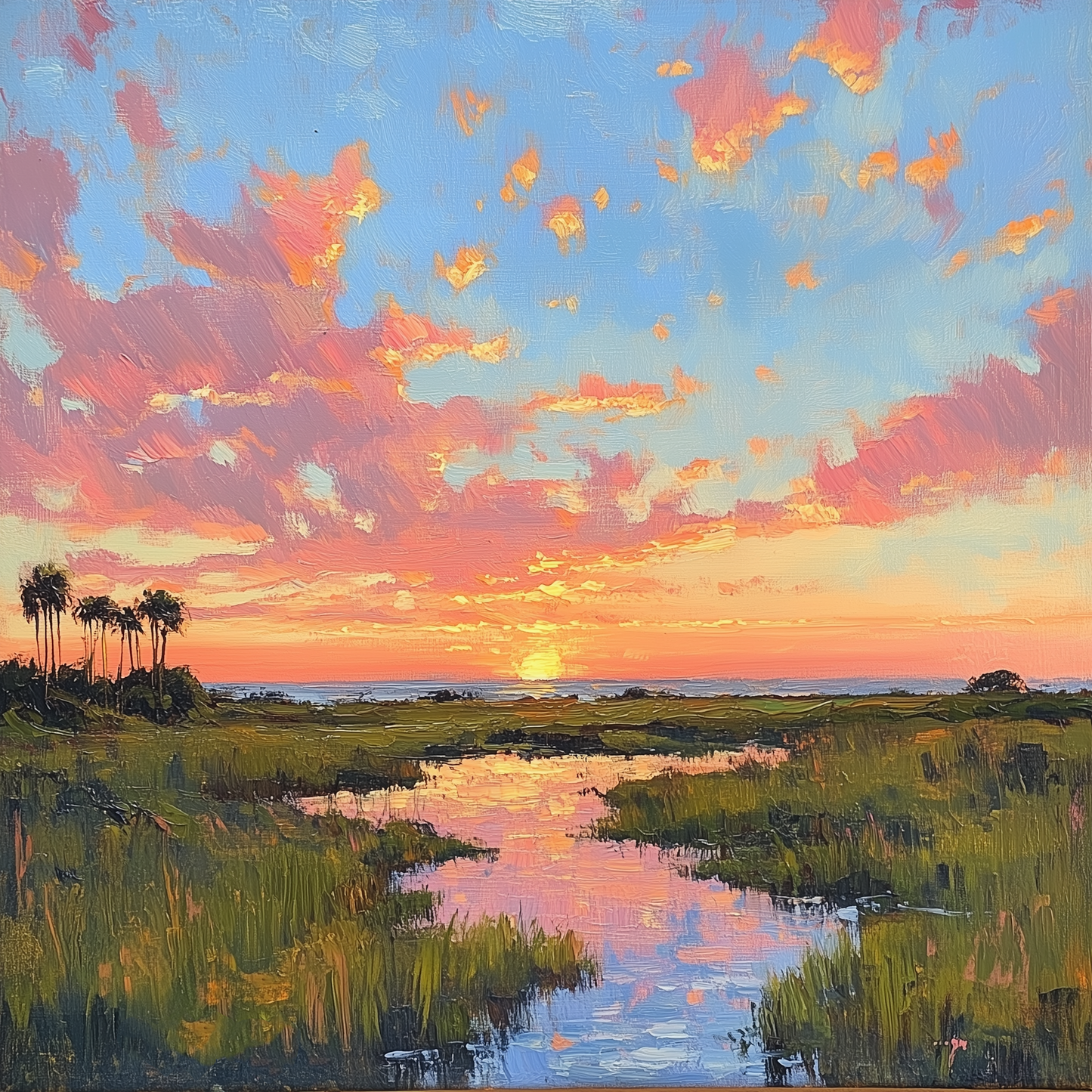 Marshland Sunset Original Canvas Oil Painting