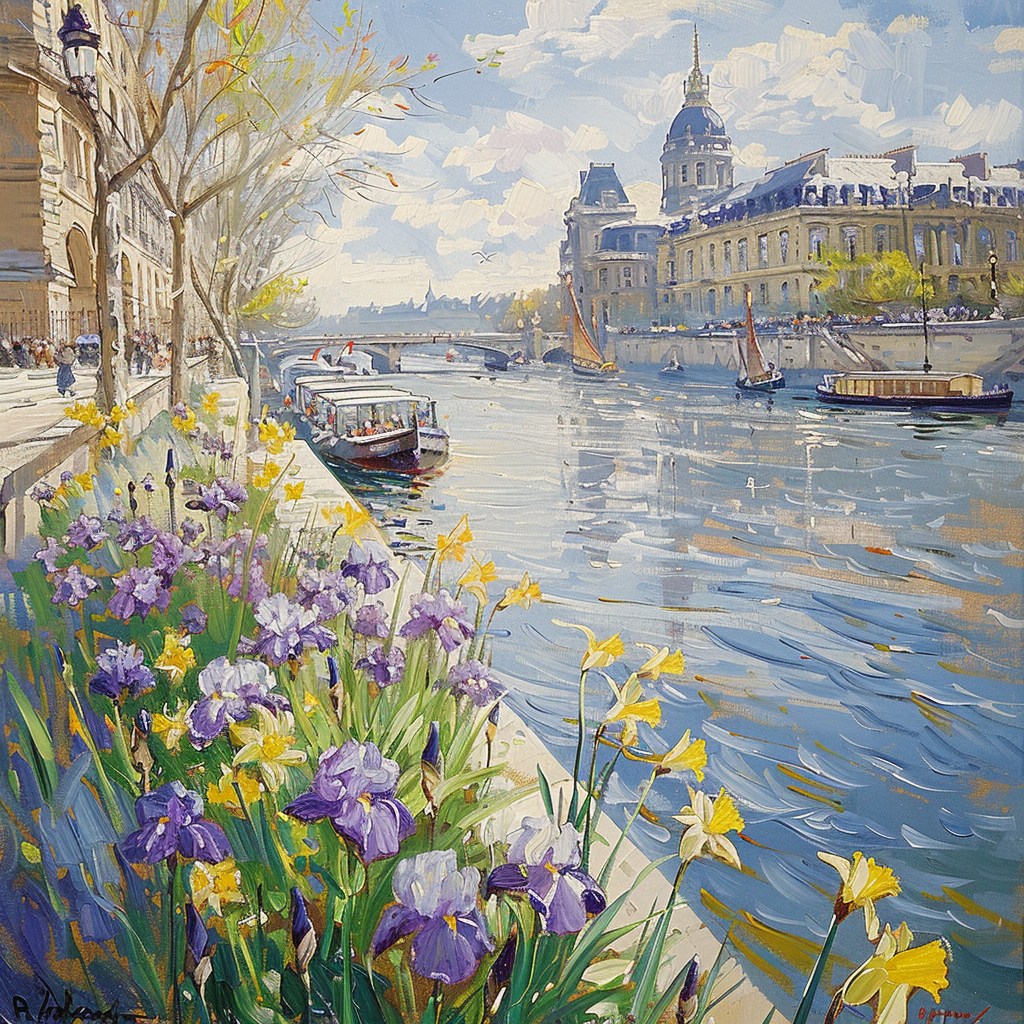 Eiffel Tower Riverside Iris Scene Canvas Art