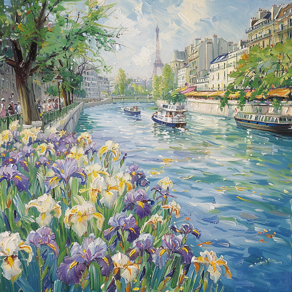 Parisian Riverside with Irises Oil Canvas