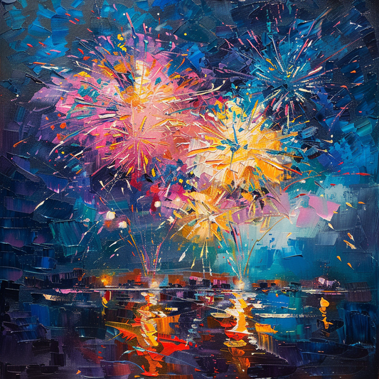 Fireworks Over Ocean Sunset - Hand-Painted Canvas Art