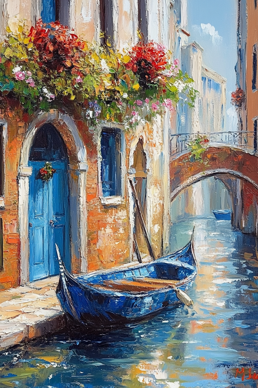 Venetian Canal Serenity: Oil Painting of Venice’s Iconic Gondola Scene