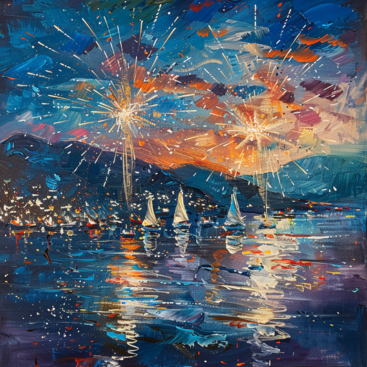 Starry Fireworks and Sailing Ships - Canvas Artwork