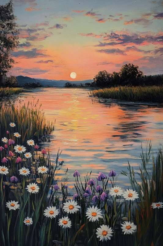 Whispers of Sunset: Serene River at Dusk Oil Painting