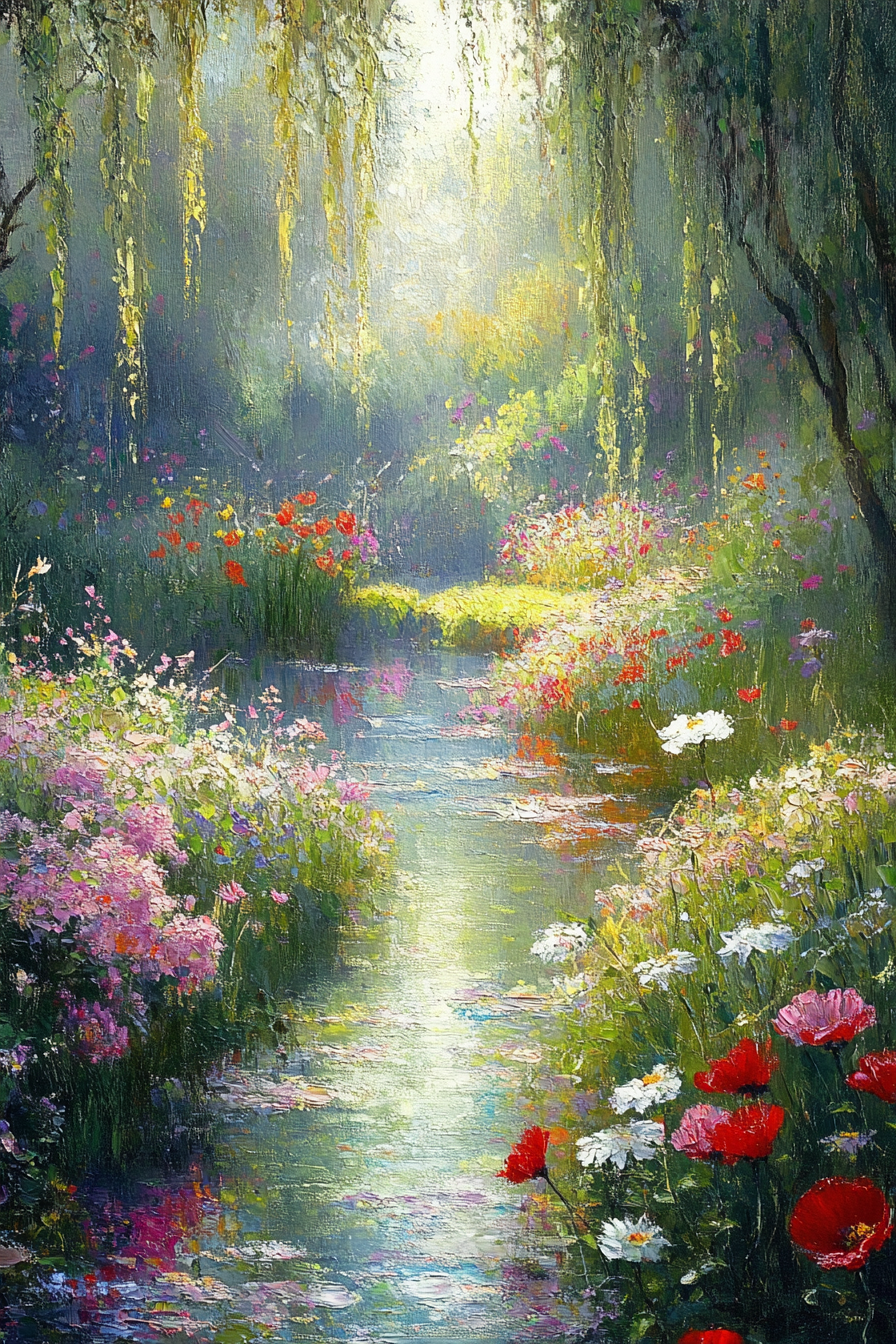 Whispers of a Dreamy Stream: Romantic Water Garden Oil Painting