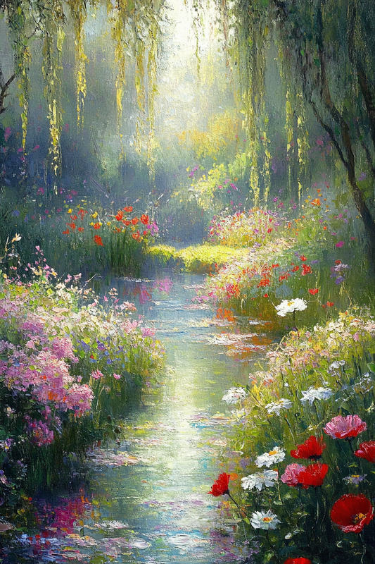 Whispers of a Dreamy Stream: Romantic Water Garden Oil Painting