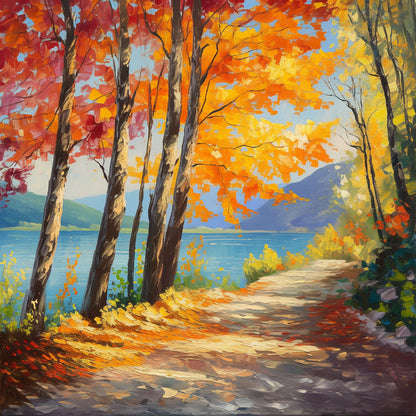 Autumn Lake Path Oil Painting – Scenic Fall Landscape Artwork