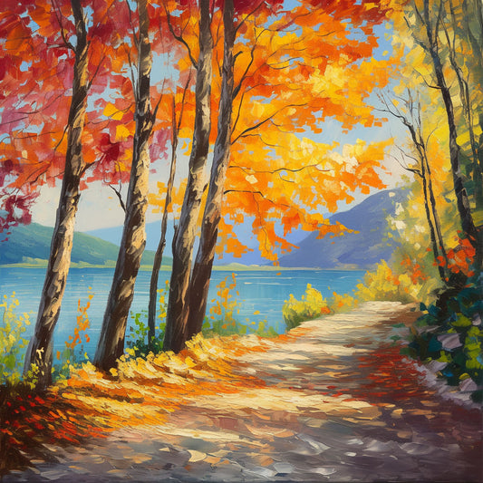 Autumn Lake Path Oil Painting – Scenic Fall Landscape Artwork