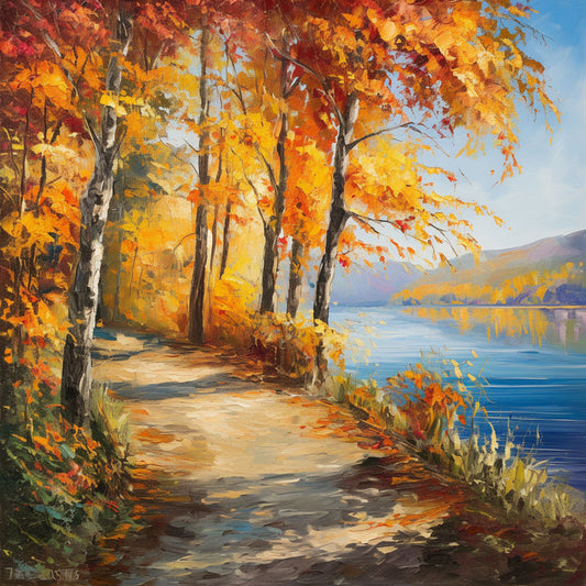 Golden Autumn Walkway by the Lake – Original Oil Painting