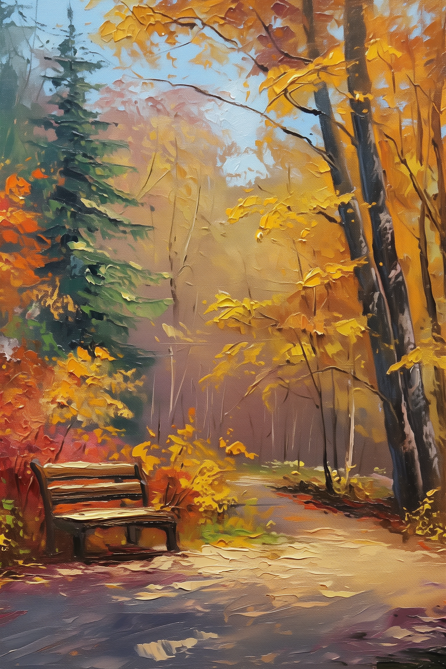 Cozy Forest Bench in Autumn – Hand-Painted Fall Scene