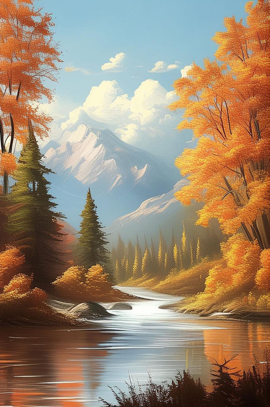 Mountain River in Fall – Vibrant Autumn Oil Painting