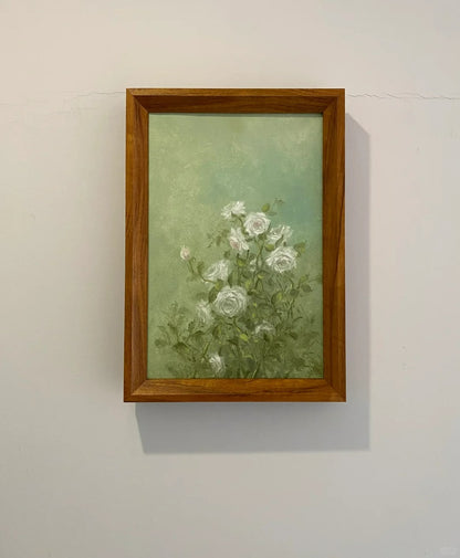 White Roses on Green Background Oil Painting