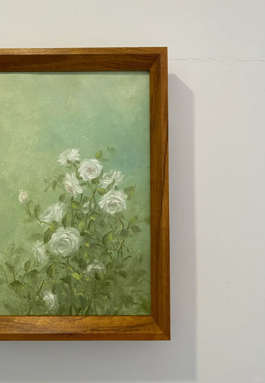 White Roses on Green Background Oil Painting