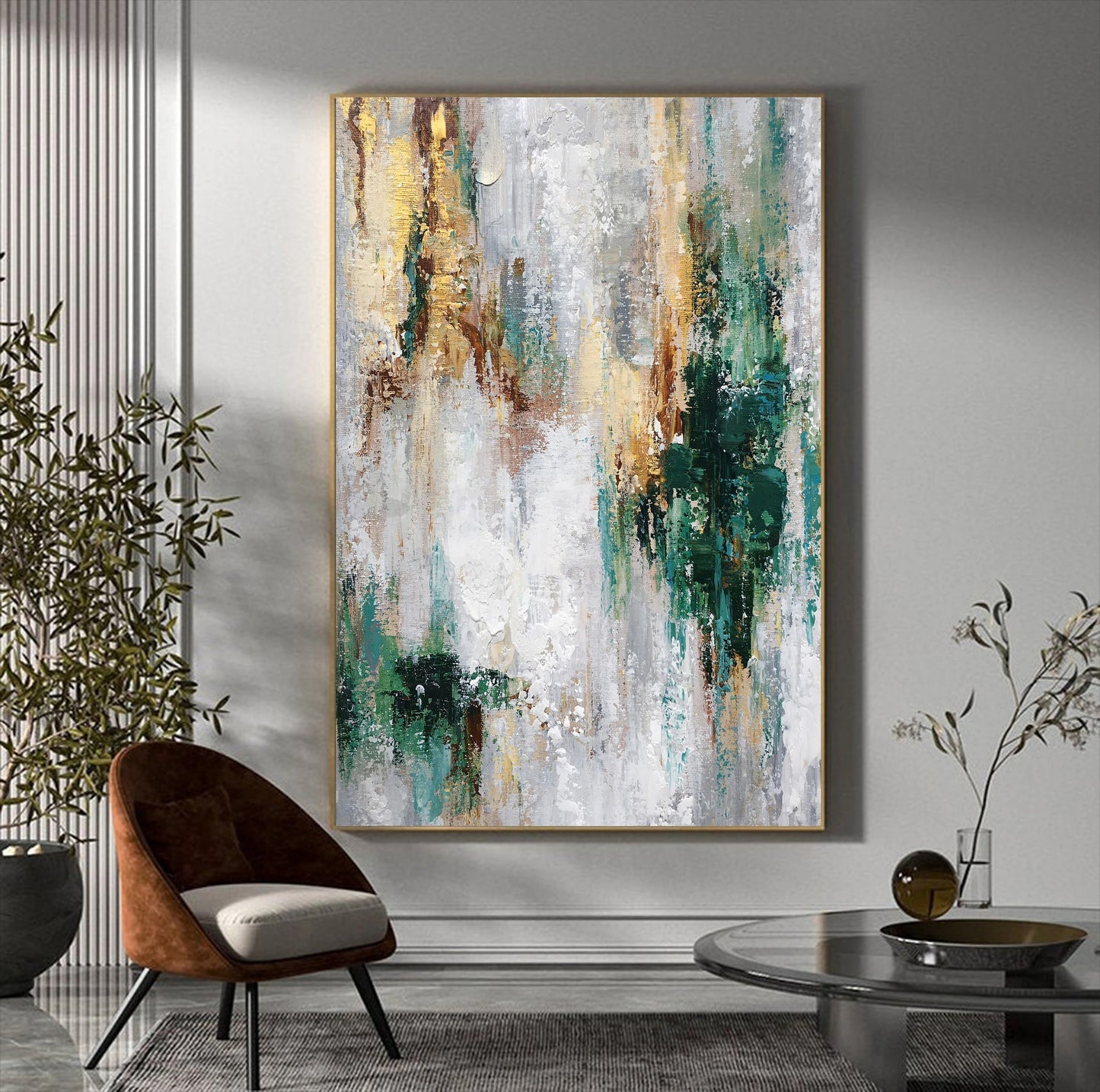 Dynamic Green and Gold Abstract Acrylic Painting