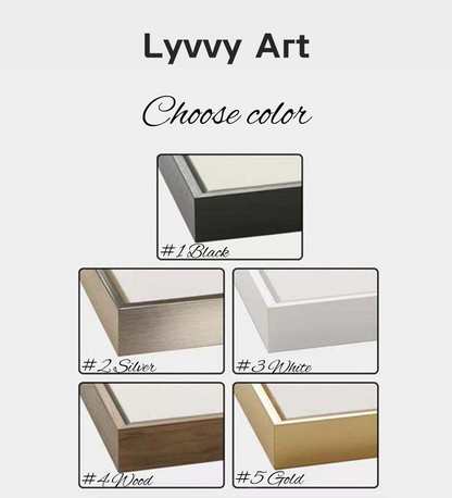 Frame color options for abstract wall art: black, silver, white, wood, and gold frames.