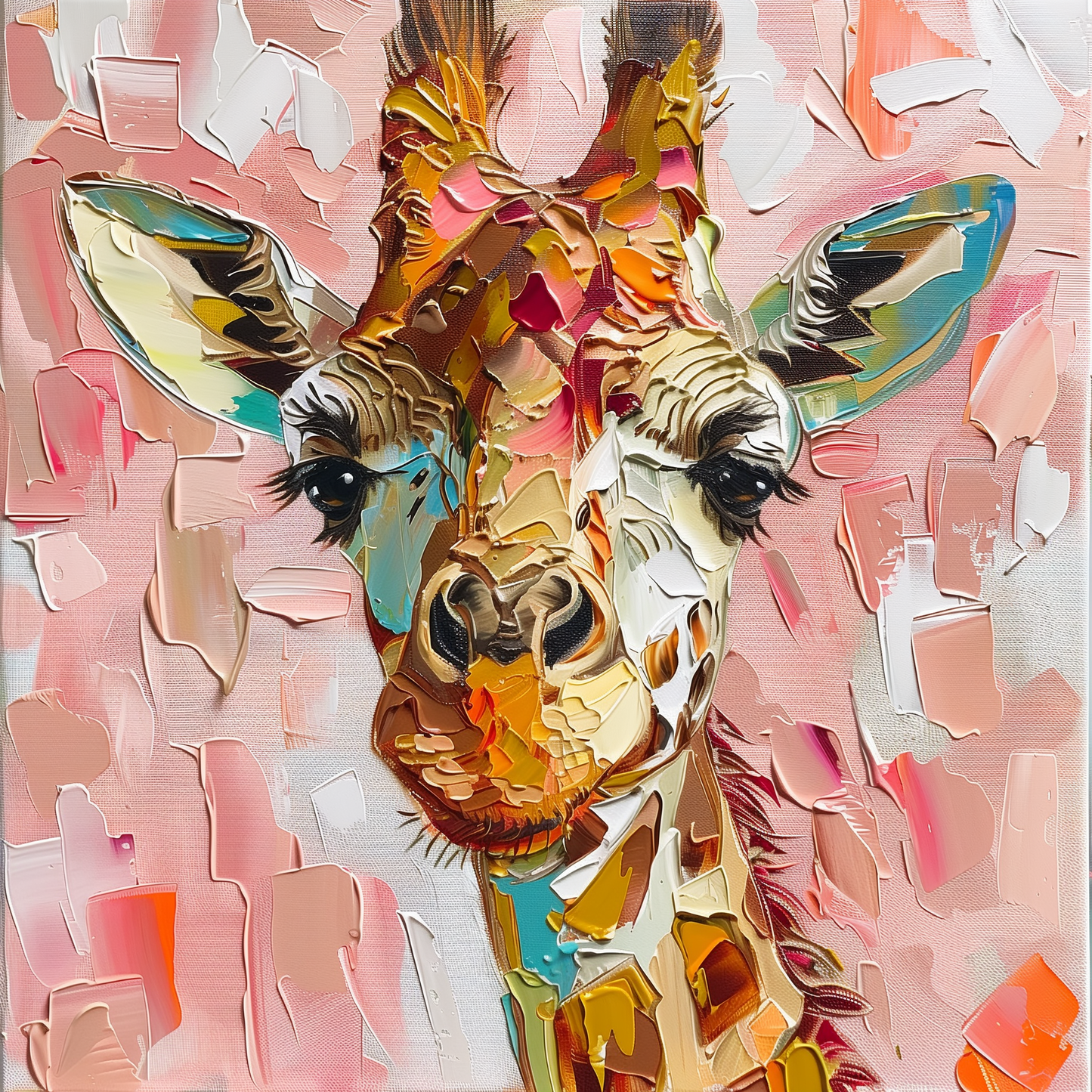 Charming Giraffe Oil Painting - Playful Animal Art with Soft Pink Background