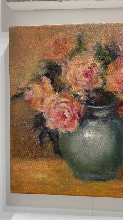 Vintage Pink Roses in Blue Vase Oil Painting