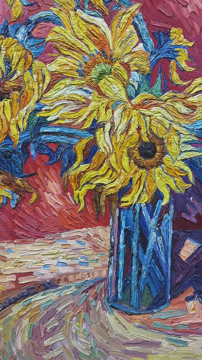 Vibrant Sunflowers in Vase Oil Painting