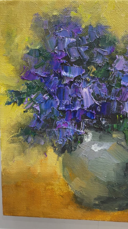 Vibrant Purple Flowers in Vase Oil Painting