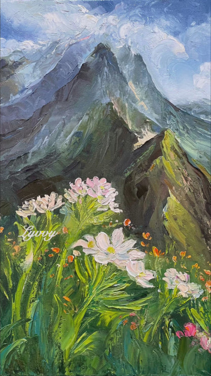 Mountain Landscape with Flowers Oil Painting