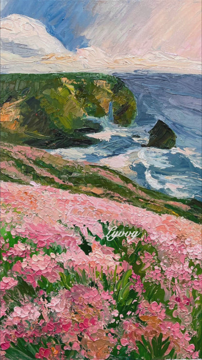 Coastal Cliffside with Pink Flowers Oil Painting