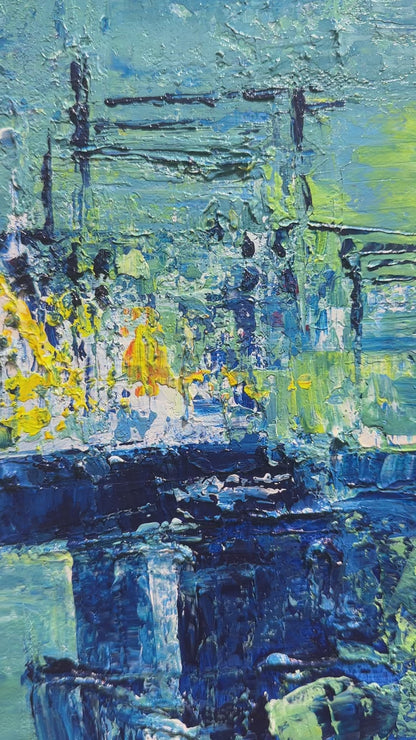 Sunny Yellow and Blue Abstract Acrylic Painting