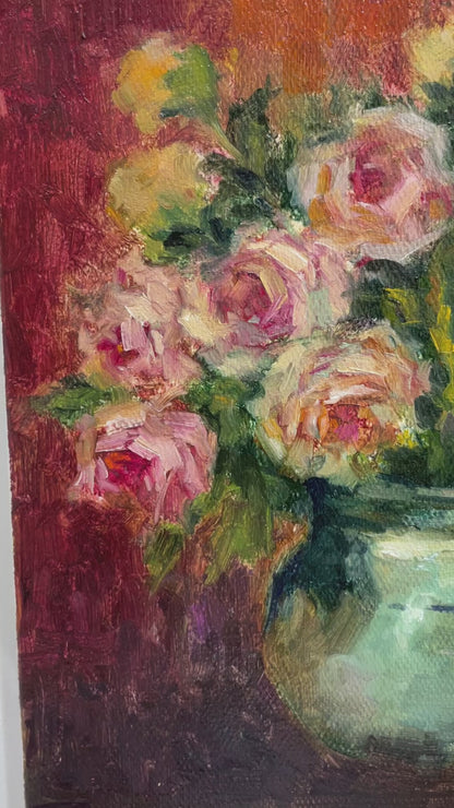 Classic Pink Roses in Blue Vase Oil Painting