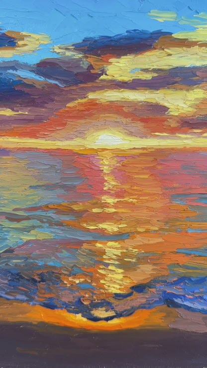 Vibrant Sunset Over Ocean Oil Painting