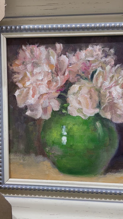 Soft Pink Flowers in Green Vase Oil Painting