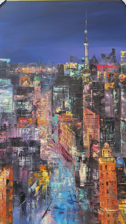 Nighttime City Skyline Oil Painting