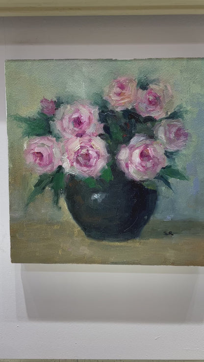 Soft Pink Roses in Dark Vase Oil Painting