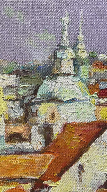 Charming Cityscape Oil Painting of Rooftops