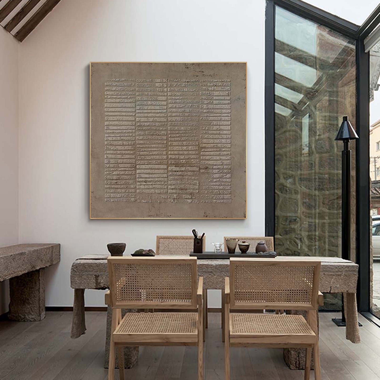 Neutral abstract wall art hanging in dining room interior, minimalist canvas decor