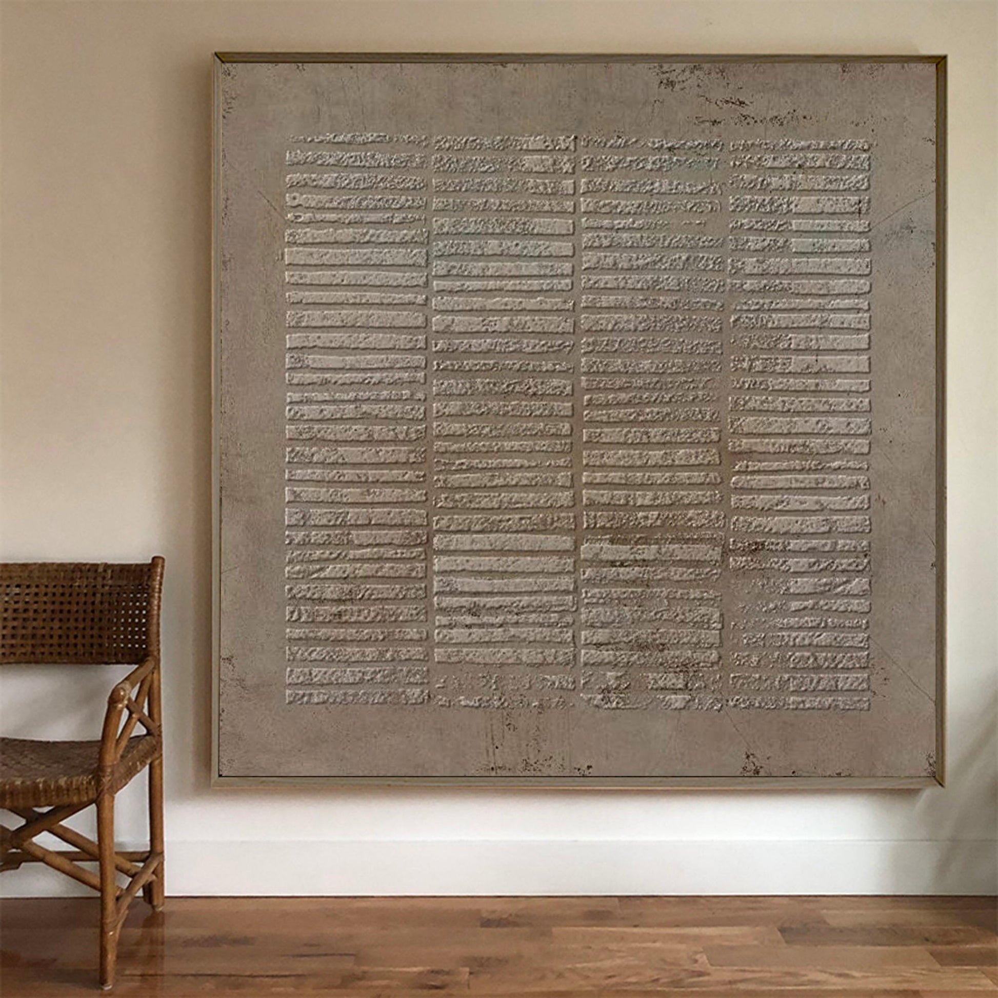 Minimalist abstract canvas wall art in bedroom interior, neutral tones