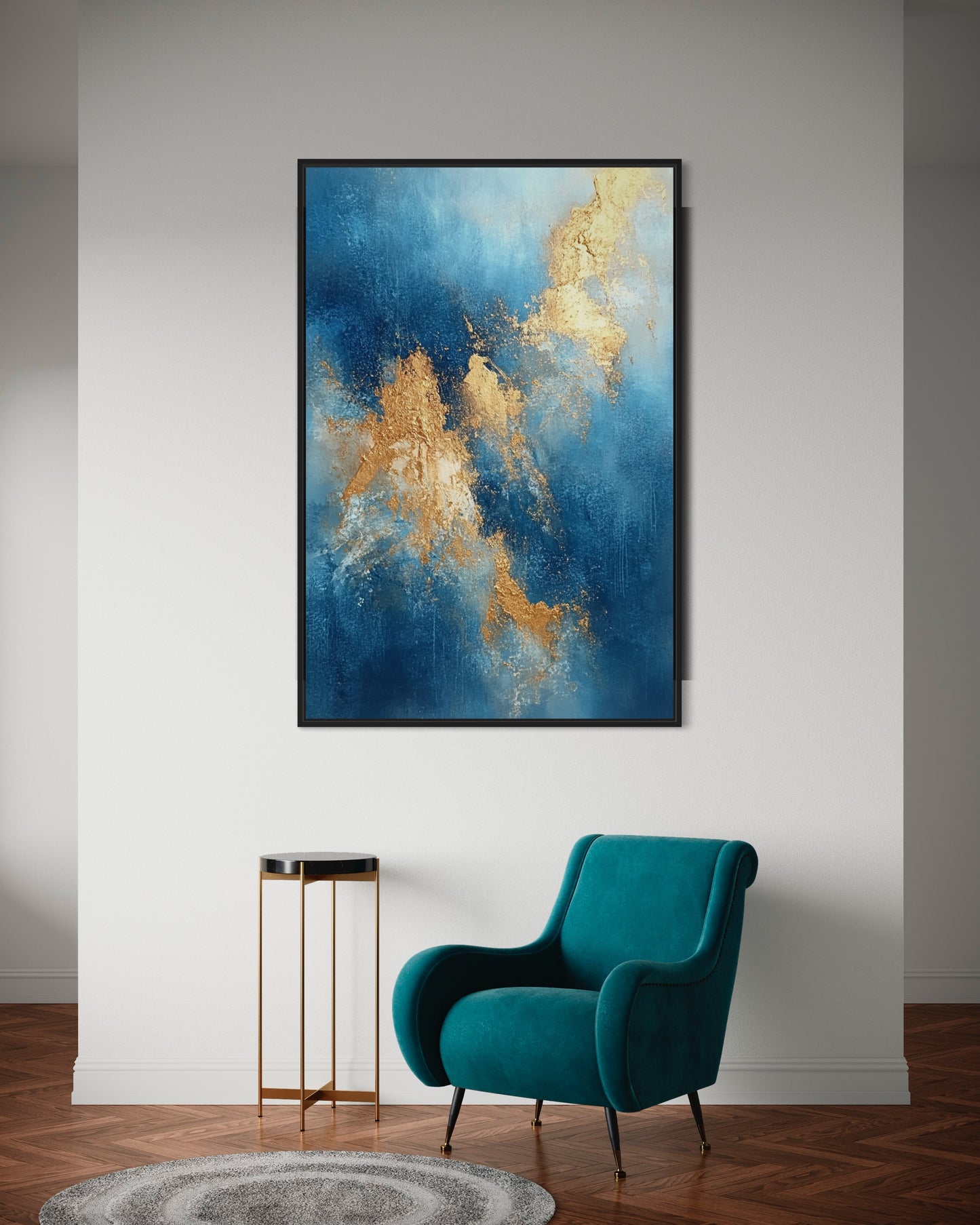 Elegant Blue and Gold Abstract Painting for Interior Design