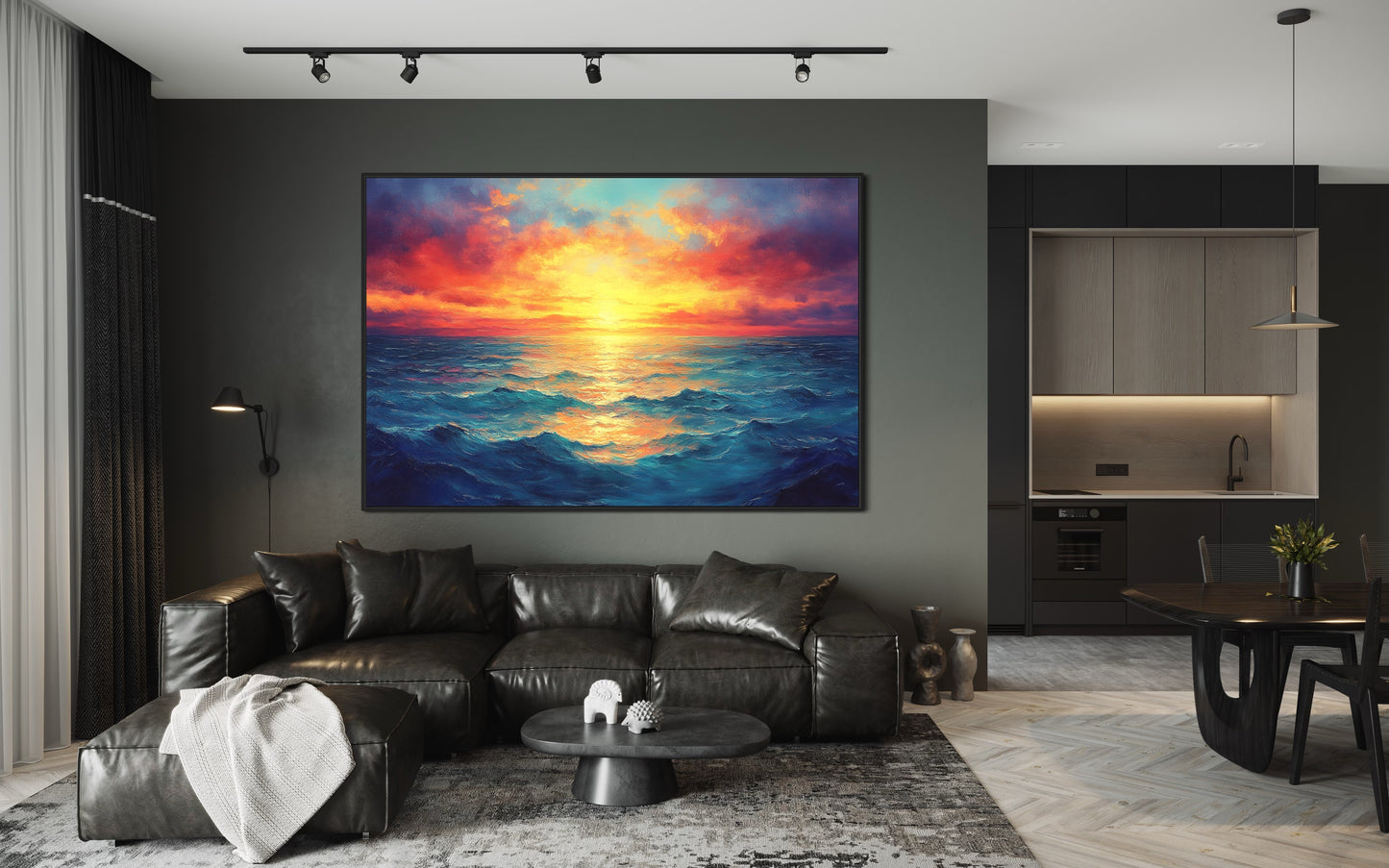 Ocean’s Glow – Vibrant Seascape Oil Painting of Sunset Over Waves