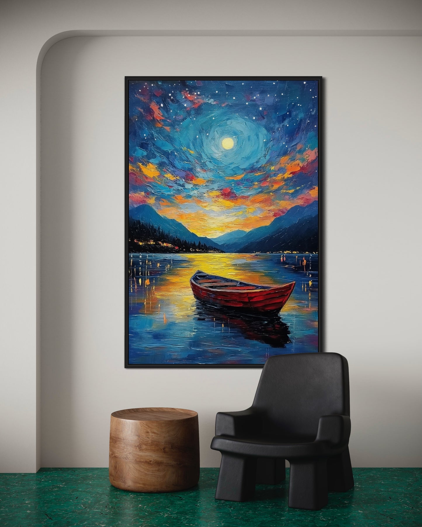 Moonlit Lake Oil Painting – Peaceful Night Landscape Wall Art for Bedroom