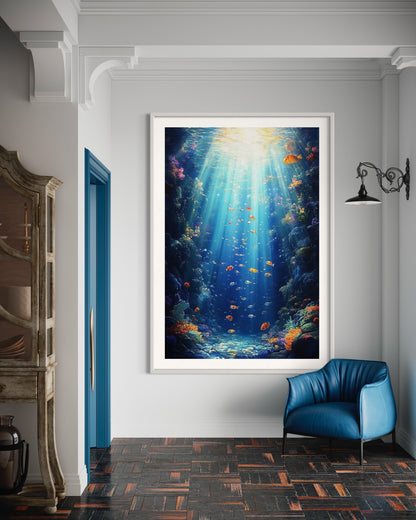 Deep Sea Radiance – Peaceful Oil Painting with Light Beams and Fish