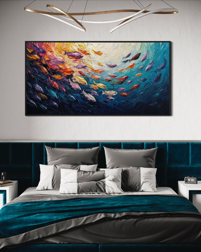 Colorful Fish in Motion – Horizontal Oil Painting for Vibrant Wall Art