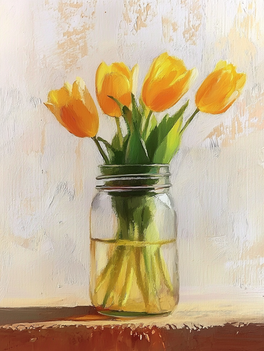 Yellow Tulips in Mason Jar - Bright Floral Oil Painting