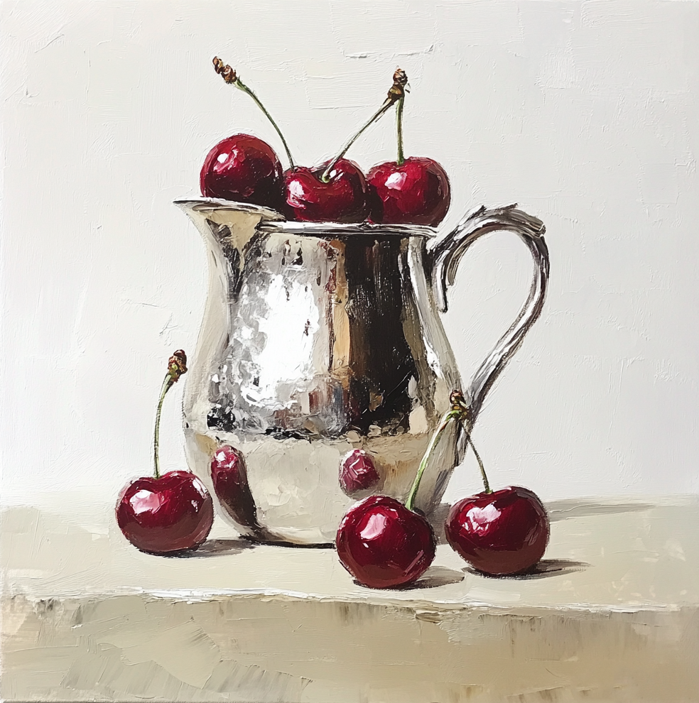 Cherries in Silver - Elegant Still Life Oil Painting