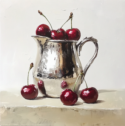 Cherries in Silver - Elegant Still Life Oil Painting
