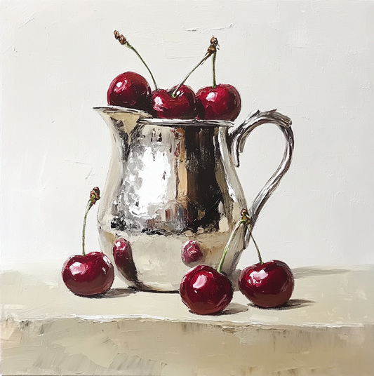 Cherries in Silver - Elegant Still Life Oil Painting