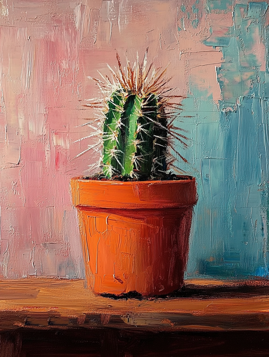 Potted Cactus - Vibrant Textured Painting