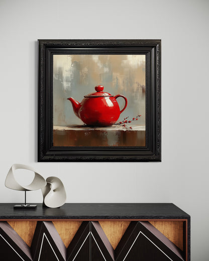 Rustic Red Teapot Oil Painting on Canvas