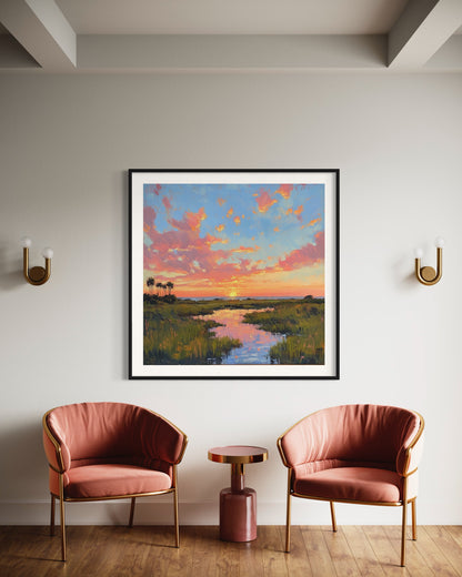 Marshland Sunset Original Canvas Oil Painting