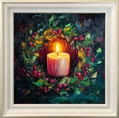 Candlelight Holly Christmas Art - Cozy Holiday Candle Painting