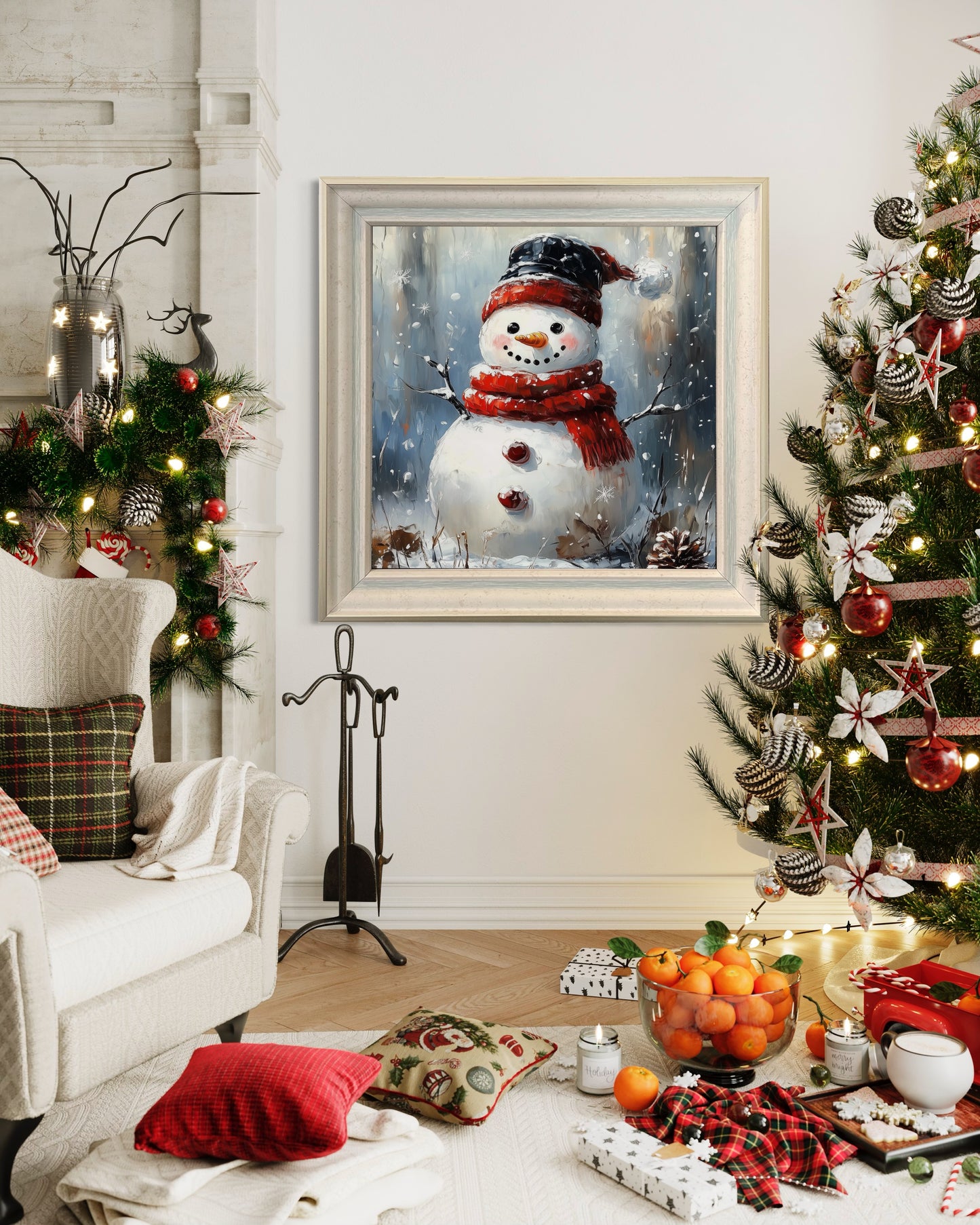 Charming Snowman with Black Hat - Winter Wonderland Oil Painting