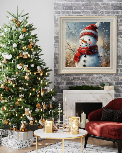 Joyful Snowman with Red Hat - Festive Holiday Oil Painting